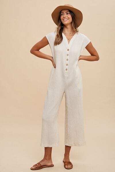 Annie Wear Button Detail Wide Leg Jumpsuit with Pockets - Trendsi - Flyclothing LLC