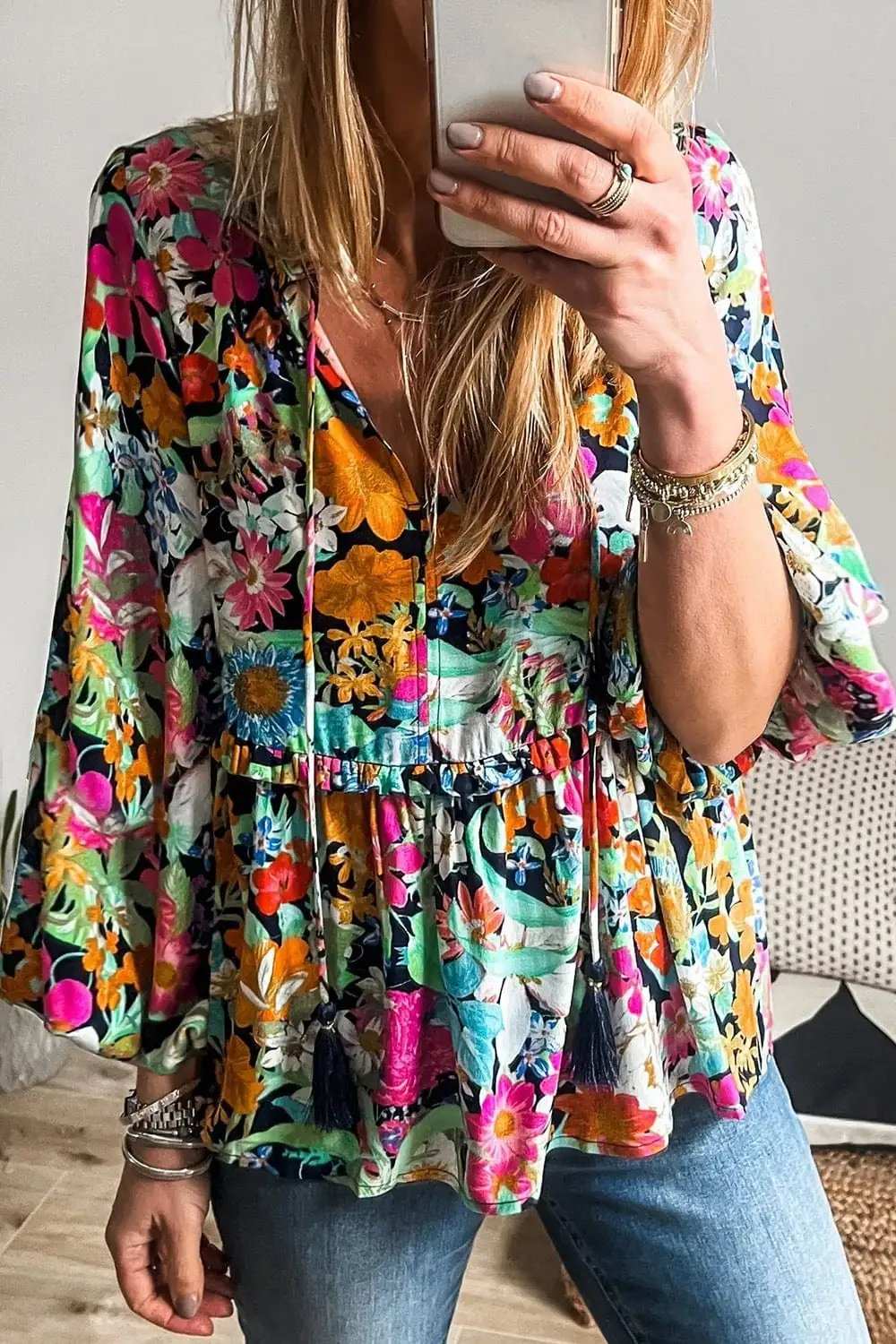 Floral Tie Neck Balloon Sleeve Blouse - Trendsi - Flyclothing LLC