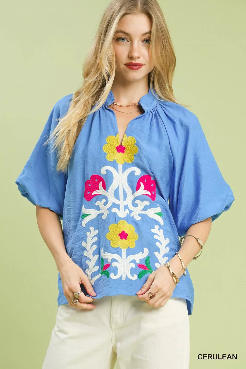 Umgee Embroidered Boho Puff Sleeve Blouse - Trendsi - Flyclothing LLC