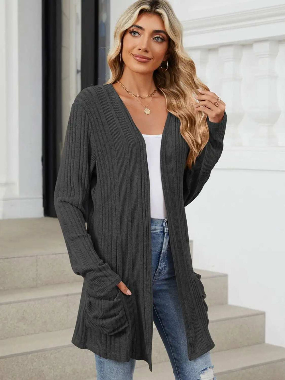 Pocketed Open Front Long Sleeve Cardigan - Trendsi - Flyclothing LLC