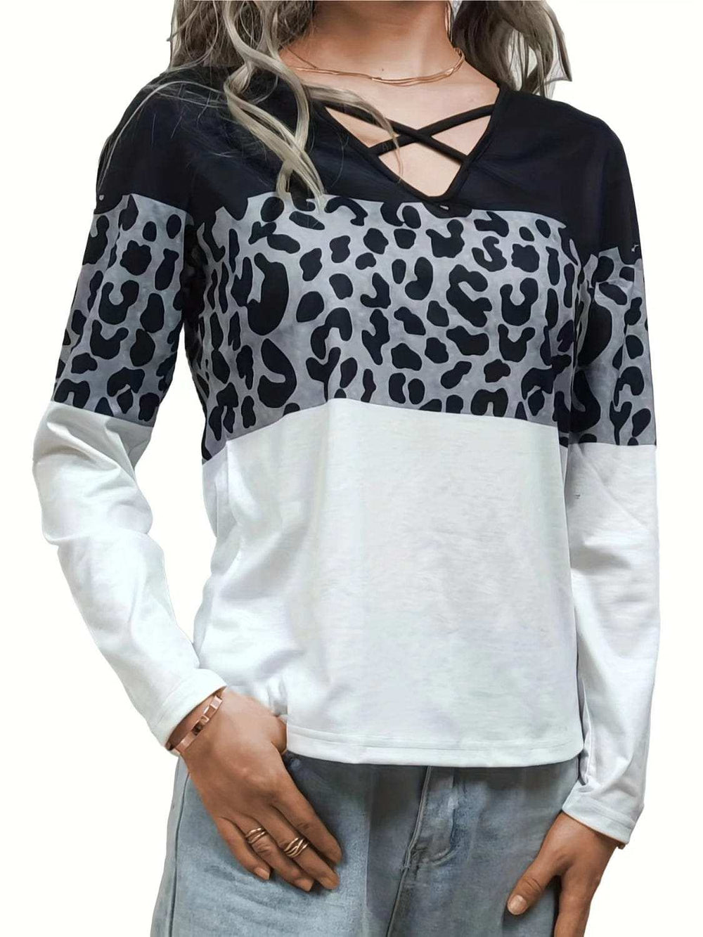 Crisscross Color Block Long Sleeve T-Shirt - Trendsi - Flyclothing LLC
