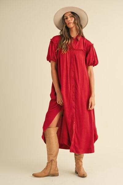 Annie Wear Mineral Washed Button Down Puff Sleeve Shirt Dress - Trendsi - Flyclothing LLC