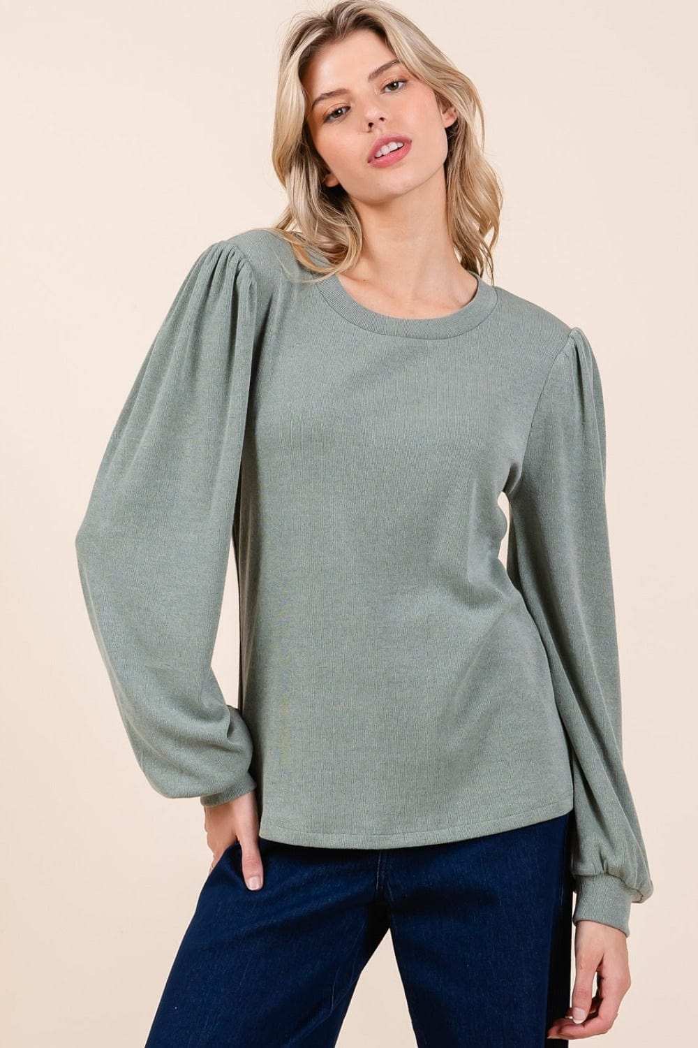 Mittoshop Round Neck Long Sleeve Rib Knit Top - Trendsi - Flyclothing LLC