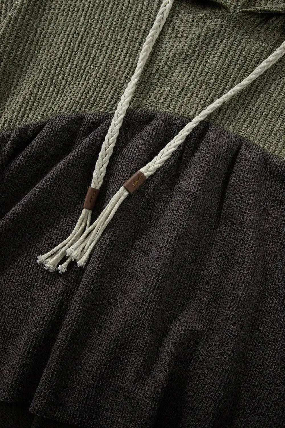 Waffle-Knit High-Low Color Block Hooded Long Sleeve Top - Trendsi - Flyclothing LLC