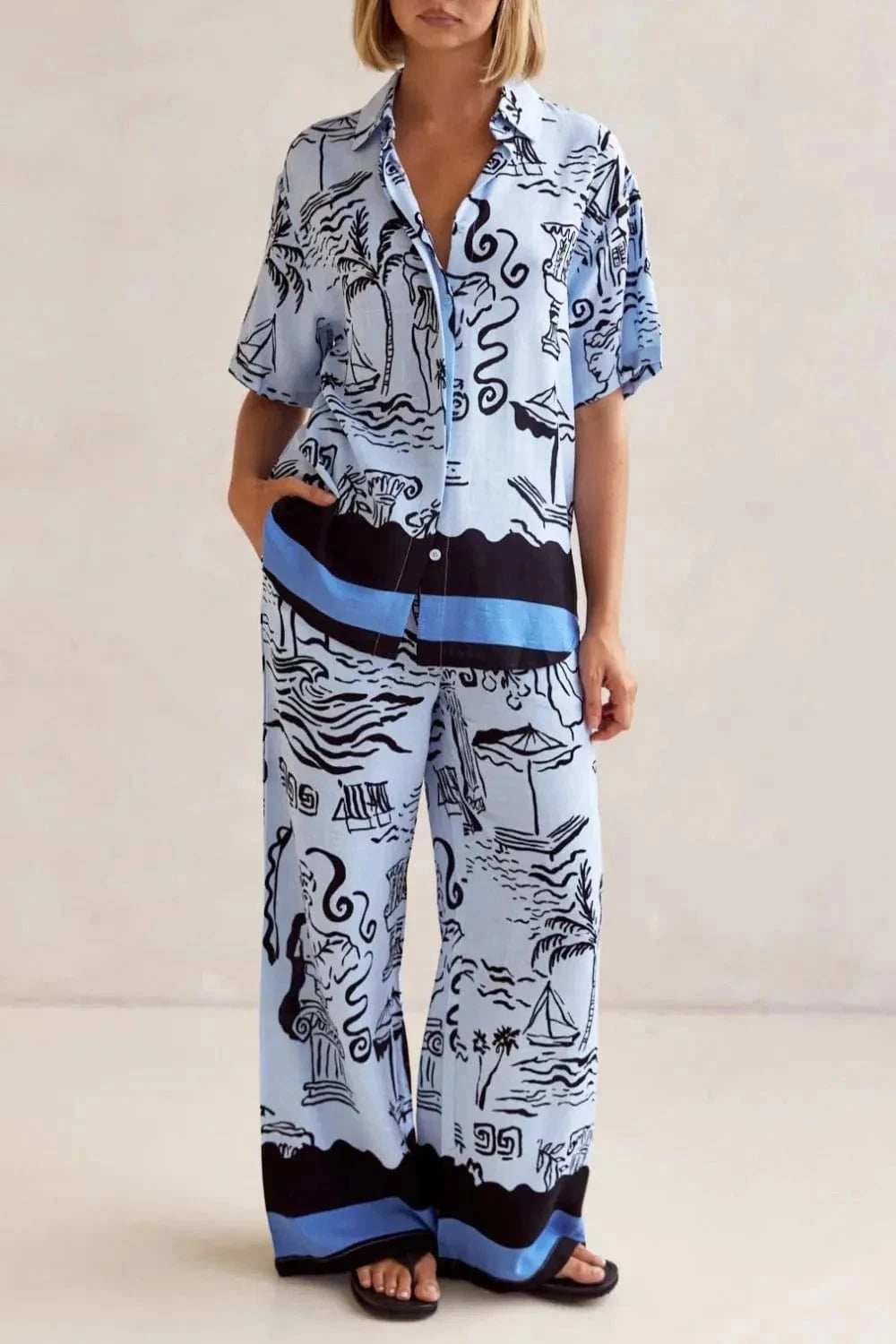 Printed Button Up Shirt and Pants Set Plus Size - Trendsi - Flyclothing LLC