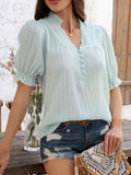 Devine Frill Notched Short Sleeve Blouse - Trendsi - Flyclothing LLC