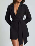 Lapel Collar Tie Waist Blazer - Trendsi - Flyclothing LLC