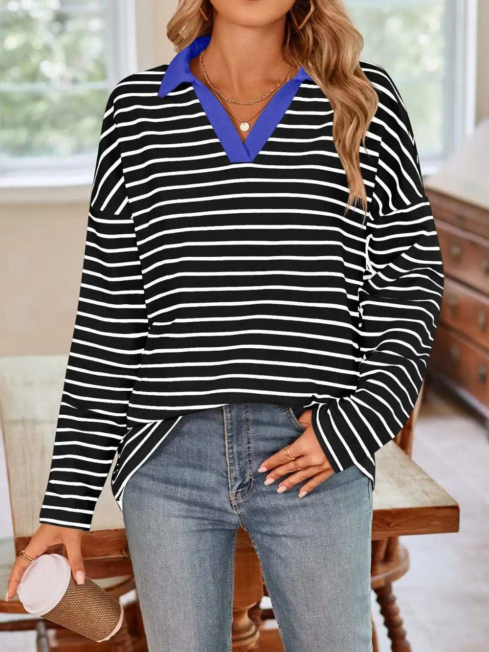 Striped Johnny Collar Long Sleeve T-Shirt - Trendsi - Flyclothing LLC