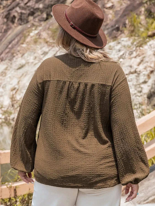 Plus Size Tie Neck Long Sleeve Blouse - Trendsi - Flyclothing LLC