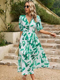 Smocked Printed V-Neck Half Sleeve Midi Dress - Trendsi - Flyclothing LLC