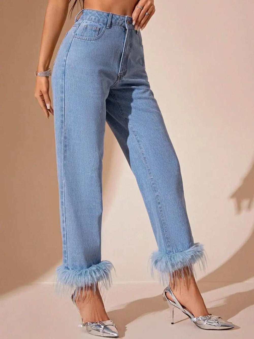 Plush Hem High Rise Straight Jeans - Trendsi - Flyclothing LLC