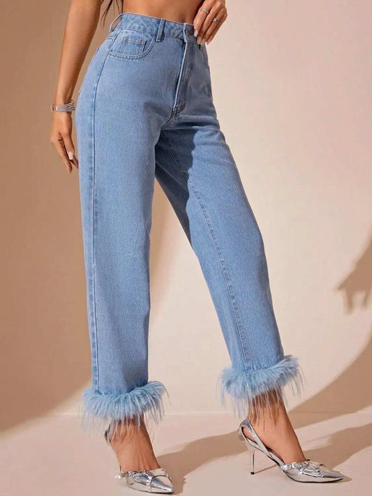 Plush Hem High Rise Straight Jeans - Trendsi - Flyclothing LLC