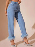 Plush Hem High Rise Straight Jeans - Trendsi - Flyclothing LLC
