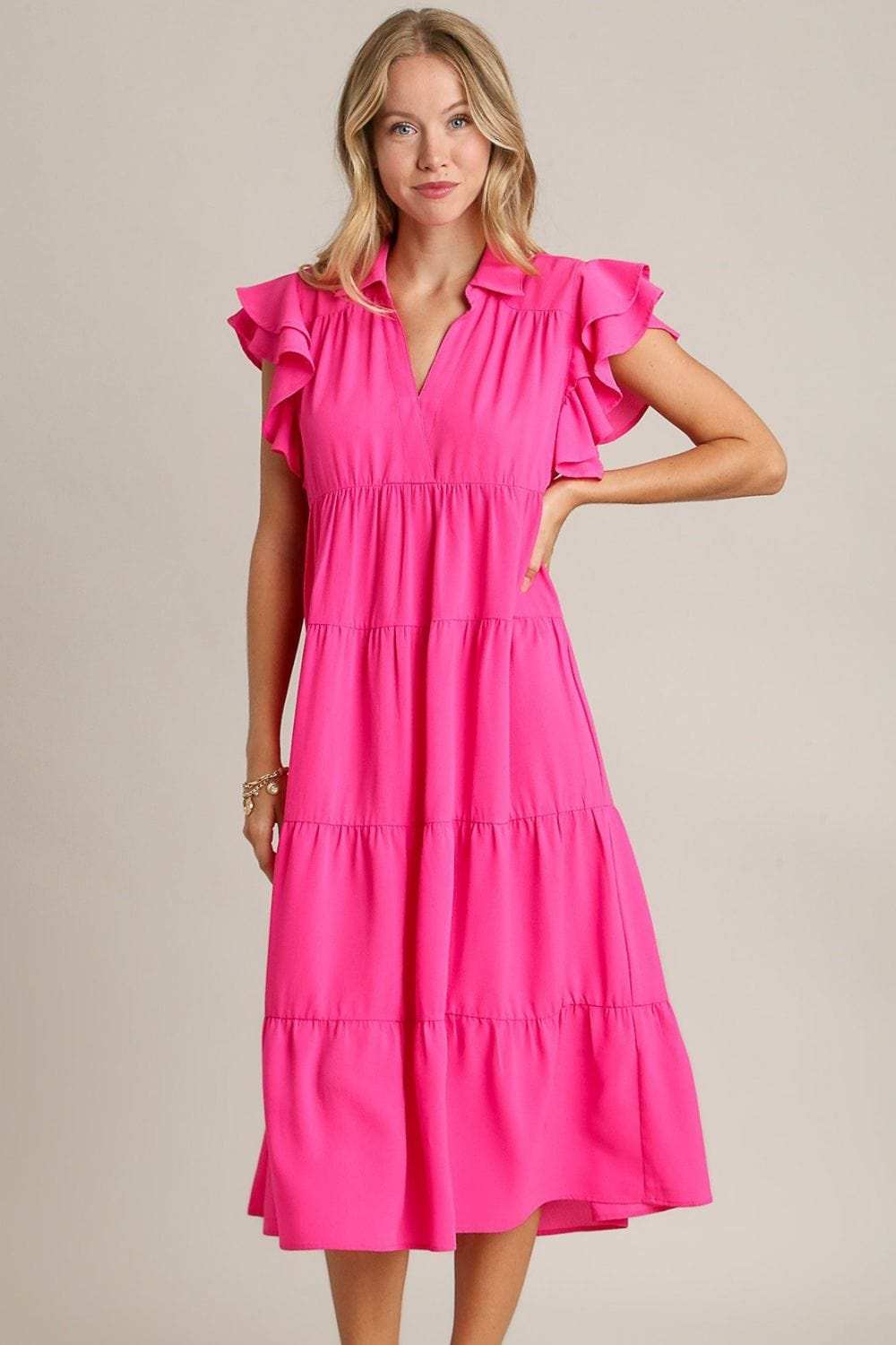 Umgee Full Size Johnny Collar Ruffle Cap Sleeve Tiered Dress Plus Size - Trendsi - Flyclothing LLC