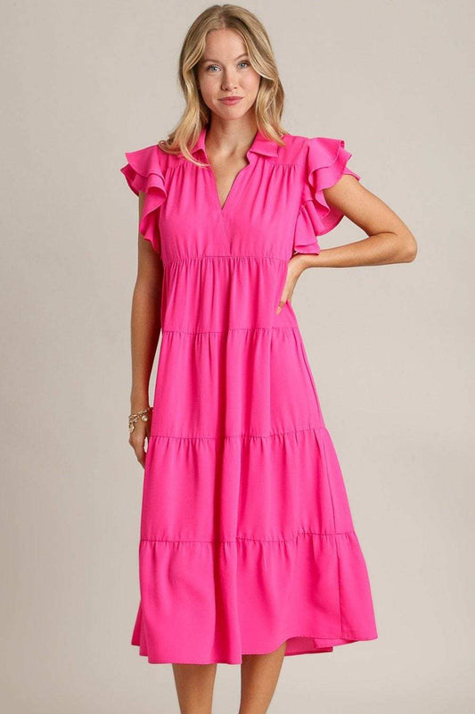 Umgee Full Size Johnny Collar Ruffle Cap Sleeve Tiered Dress Plus Size - Trendsi - Flyclothing LLC
