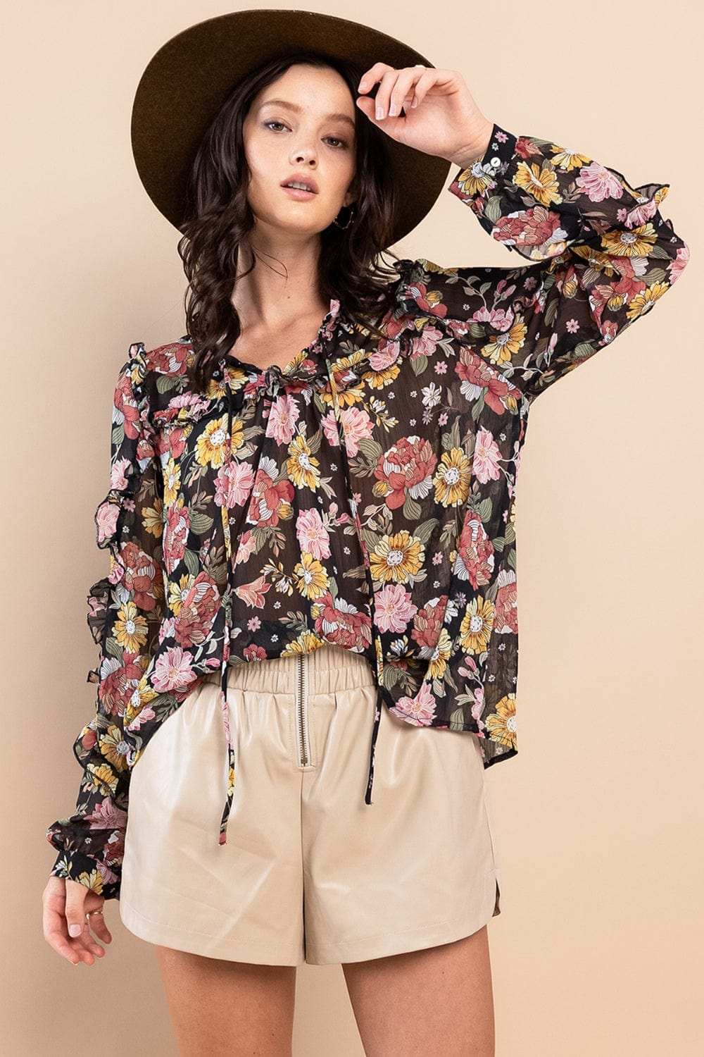 Ces Femme Ruffle Trim Long Sleeve Floral Blouse - Trendsi - Flyclothing LLC