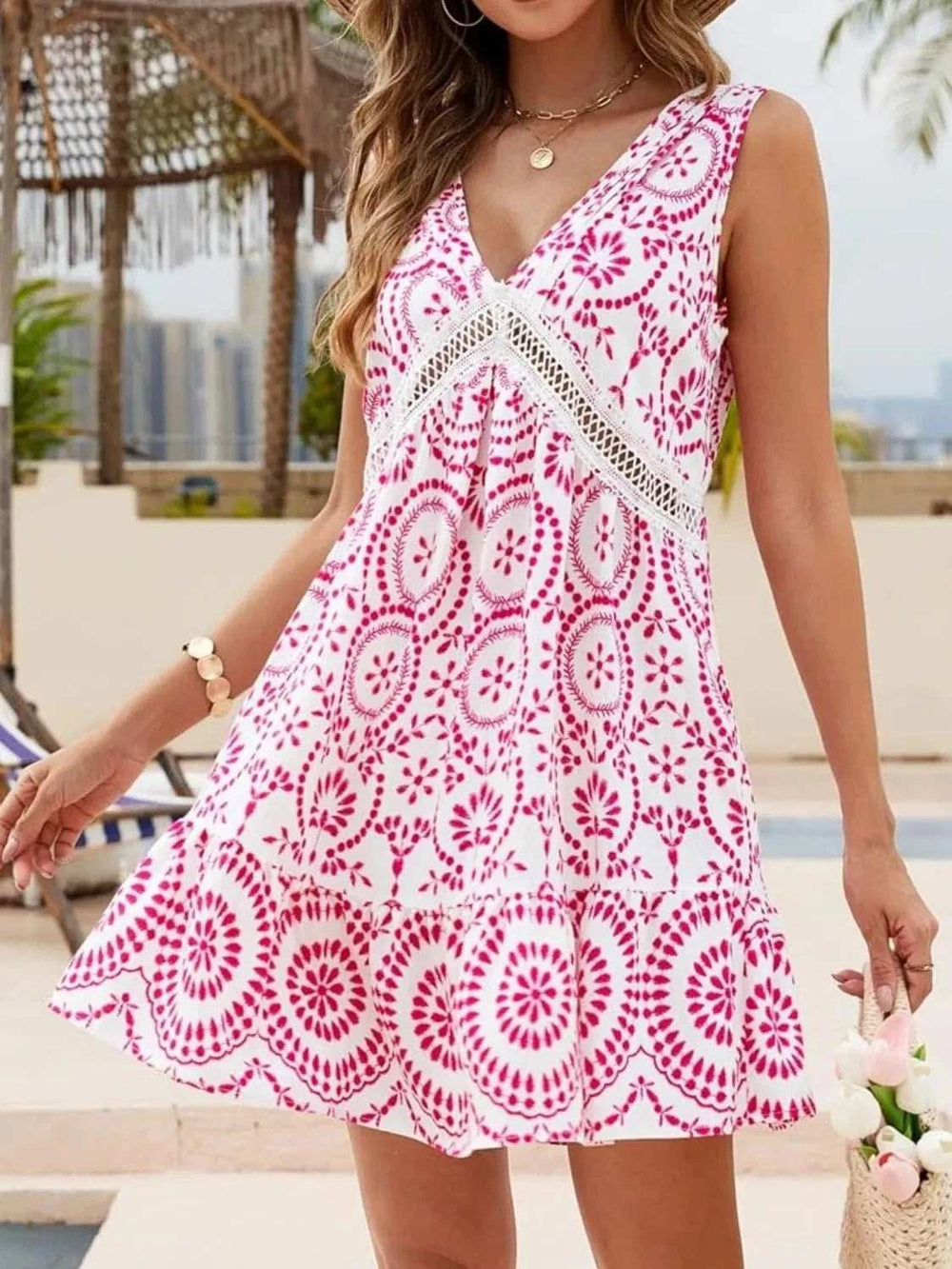 Printed V-Neck Sleeveless Mini Dress - Trendsi - Flyclothing LLC