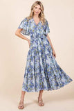 Mittoshop Floral Tie Waist Flutter Sleeve Tiered Dress - Trendsi - Flyclothing LLC