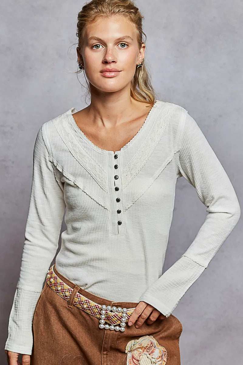 POL Ribbed Half Button Lace Detail Knit Top - Trendsi - Flyclothing LLC