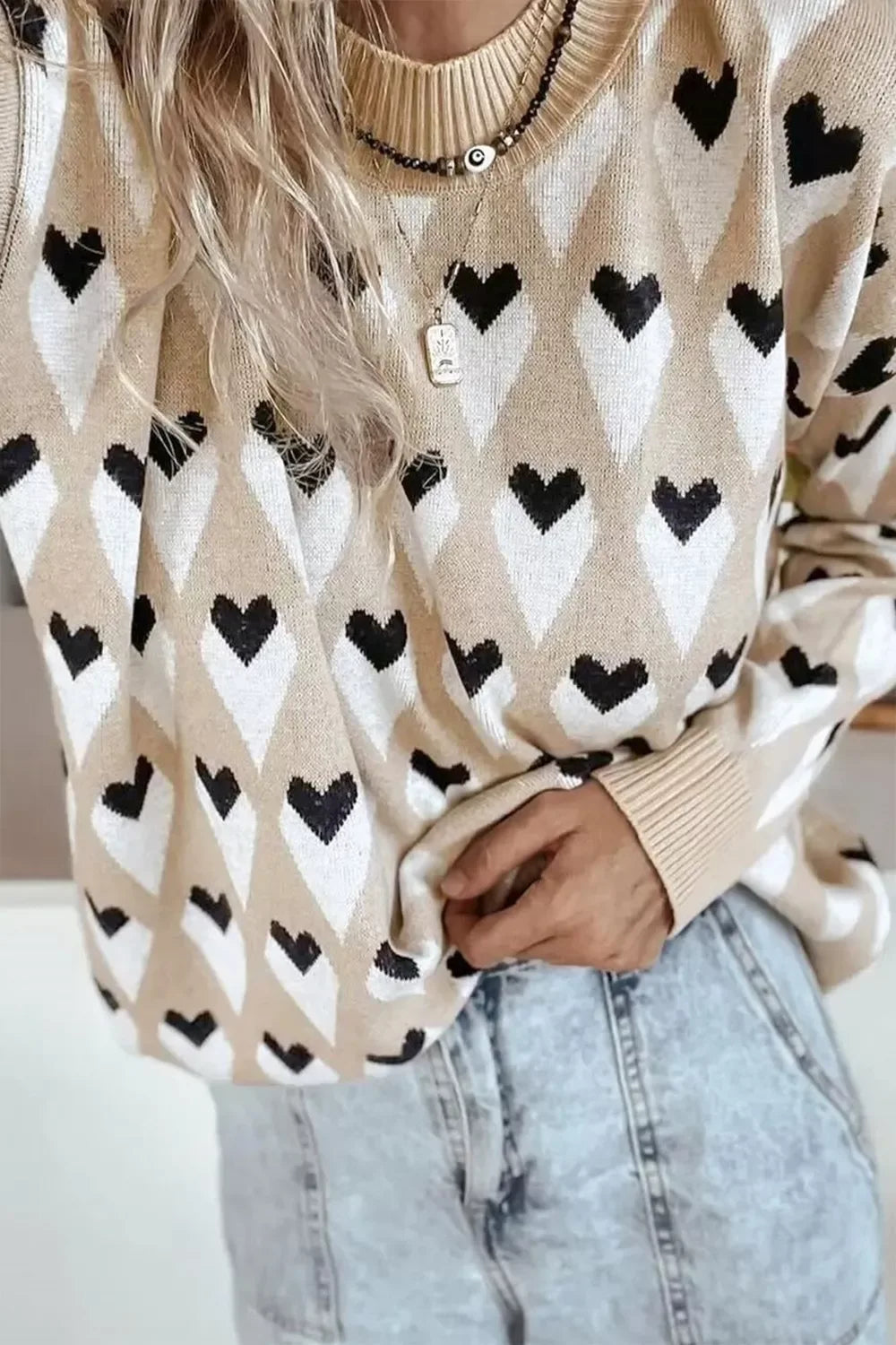 Heart Pattern Long Sleeve Sweater - Trendsi - Flyclothing LLC