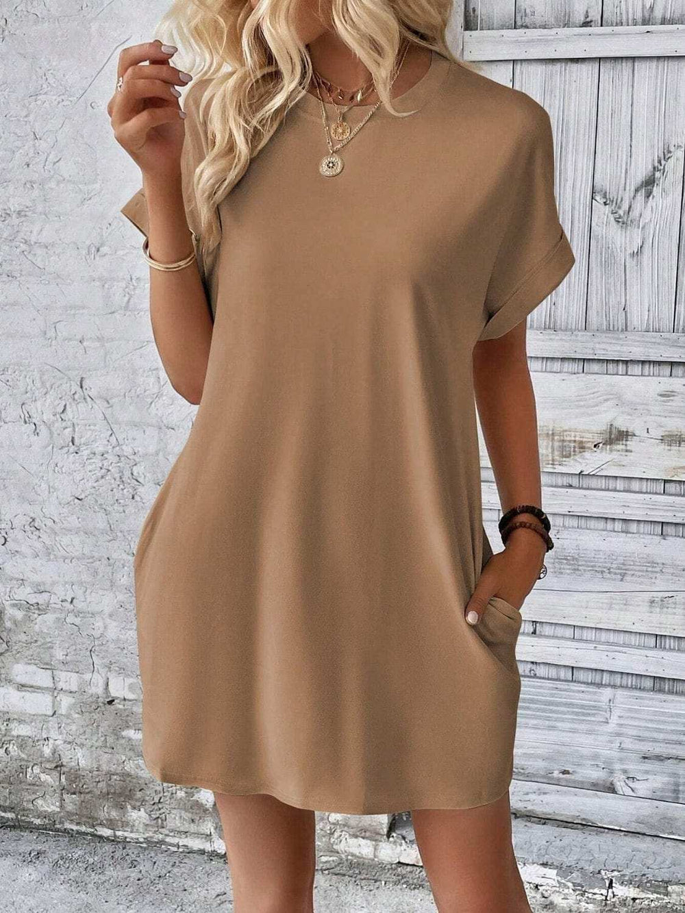 Round Neck Short Sleeve Mini Dress - Trendsi - Flyclothing LLC