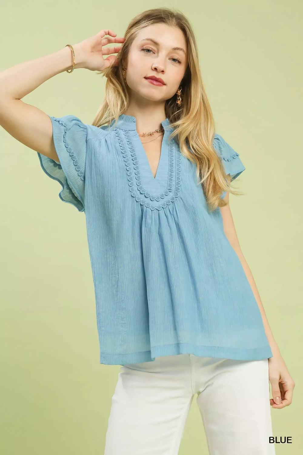 Umgee Scalloped Trim Flutter Sleeve Top - Trendsi - Flyclothing LLC
