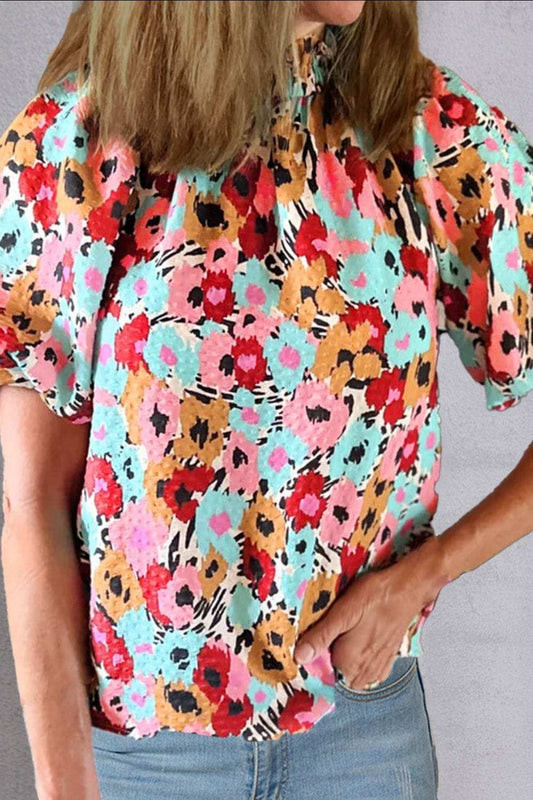 Printed Mock Neck Short Sleeve Blouse - Trendsi - Flyclothing LLC