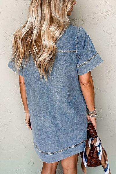 Short Sleeve Collared Patched Pocket Denim Mini Dress - Trendsi - Flyclothing LLC