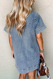 Short Sleeve Collared Patched Pocket Denim Mini Dress - Trendsi - Flyclothing LLC