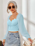 Mesh Sweetheart Neck Flounce Sleeve Top - Trendsi - Flyclothing LLC