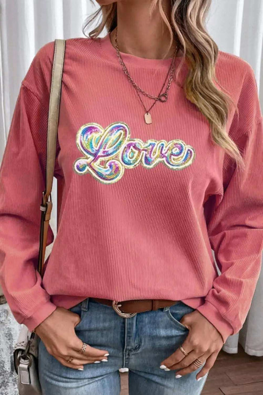 Valentine's Day LOVE Round Neck Long Sleeve Sweatshirt - Trendsi - Flyclothing LLC