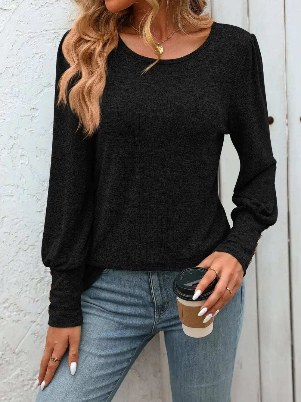 Decorative Button Round Neck Long Sleeve T-Shirt - Trendsi - Flyclothing LLC