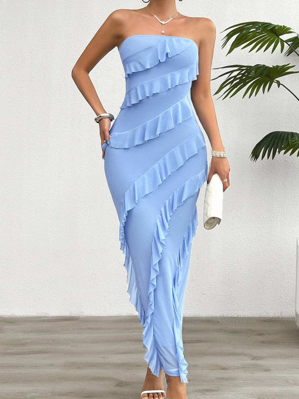Devine Ruffled Slit Back Tube Maxi Dress - Trendsi - Flyclothing LLC