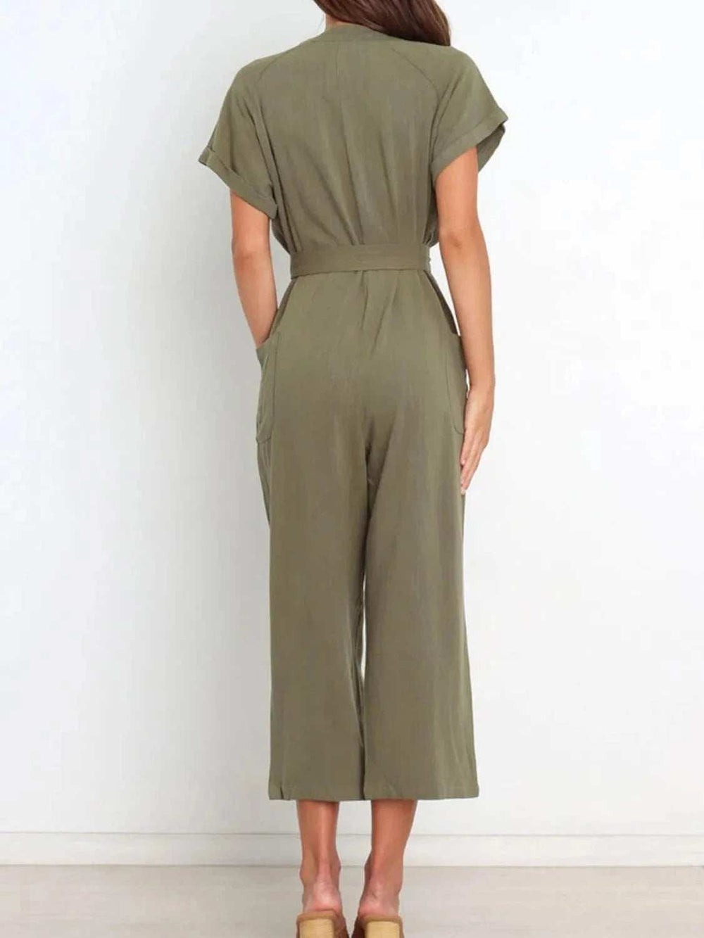 Notched Short Sleeve Tie Waist Jumpsuit - Trendsi - Flyclothing LLC