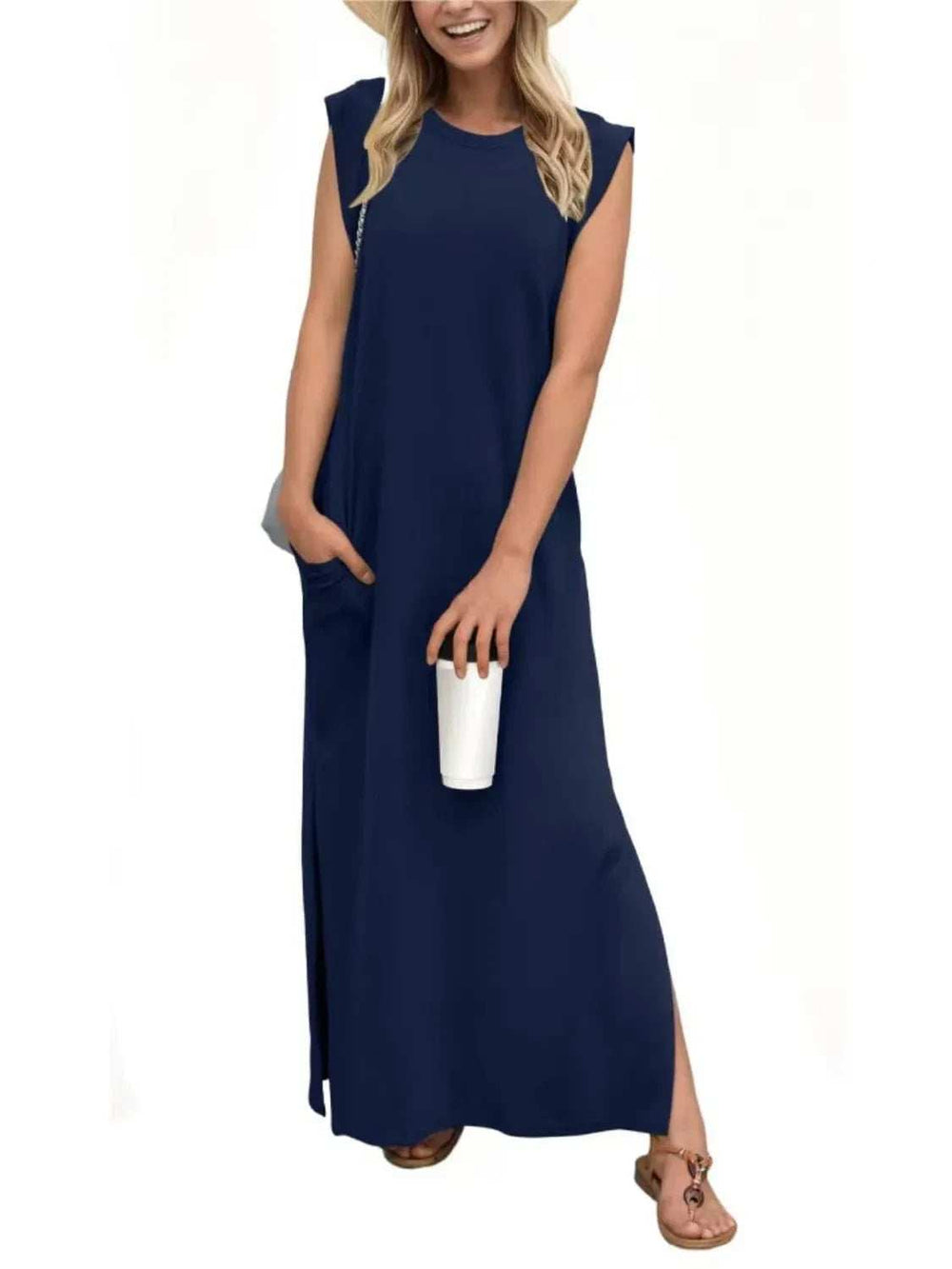 Full Size Slit Round Neck Sleeveless Maxi Tank Dress Plus Size - Trendsi - Flyclothing LLC