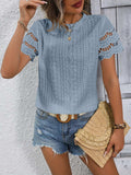 Full Size Eyelet Round Neck Short Sleeve Top - Trendsi - Flyclothing LLC