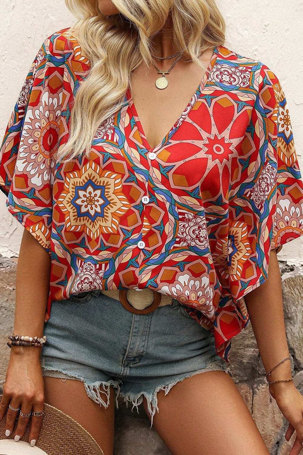 Printed V-Neck Half Sleeve Blouse - Trendsi - Flyclothing LLC