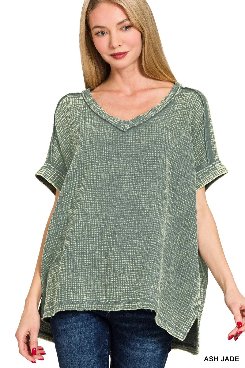 Zenana Acid Washed Double Gauze V-Neck Tee - Trendsi - Flyclothing LLC