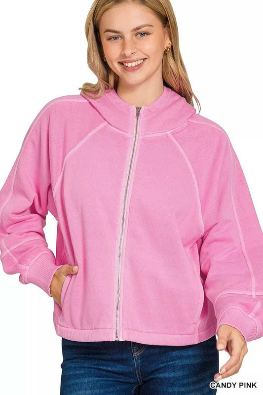 Zenana Fleece Pigment Dye Zip Up Hoodie with Pockets - Trendsi - Flyclothing LLC