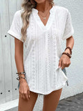 Eyelet Notched Short Sleeve Blouse - Trendsi - Flyclothing LLC