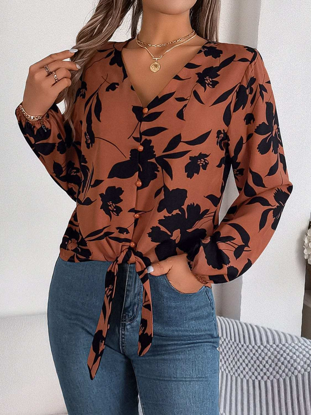 Printed V-Neck Long Sleeve Blouse - Trendsi - Flyclothing LLC
