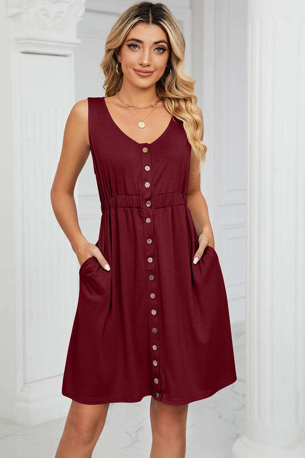 Buttoned Wide Strap Mini Dress - Trendsi - Flyclothing LLC