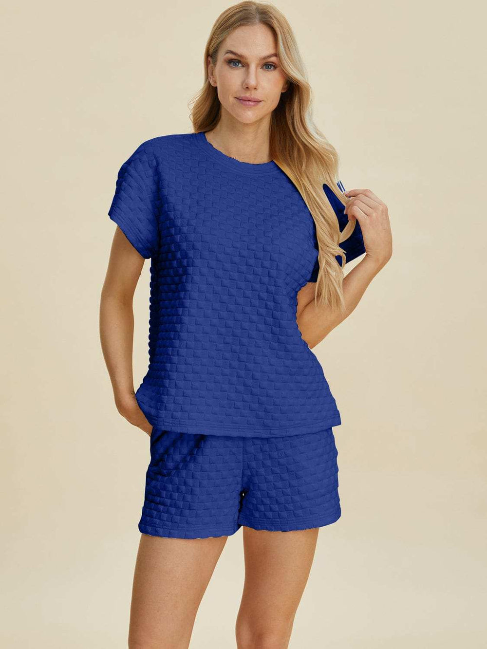 Double Take Full Size Texture T-Shirt and Shorts Set - Trendsi - Flyclothing LLC