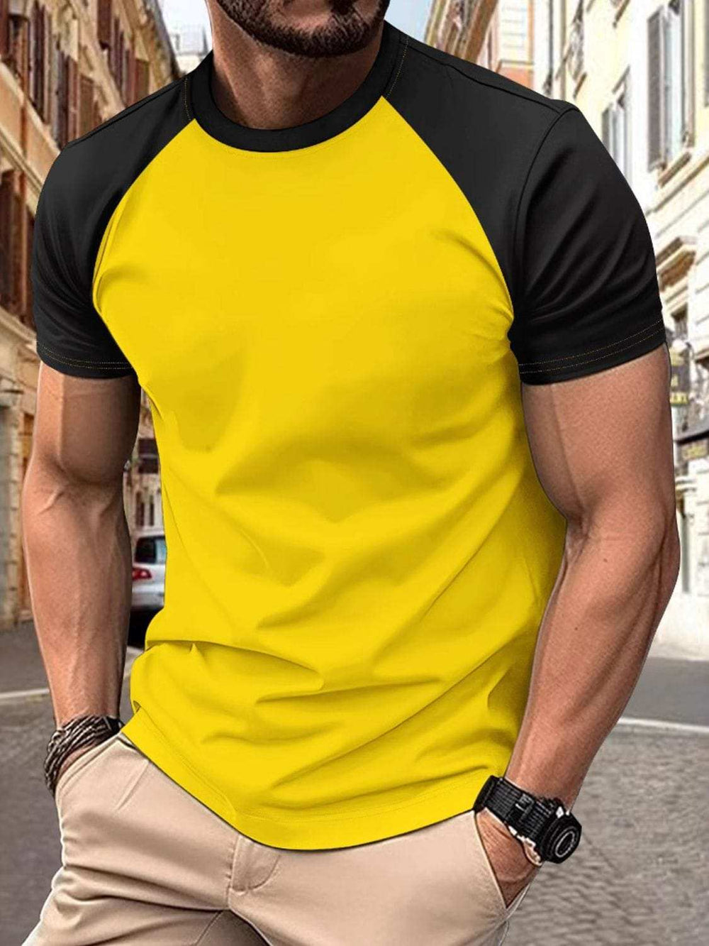 Men's Full Size Round Neck Contrast T-Shirt Plus Size - Trendsi - Flyclothing LLC