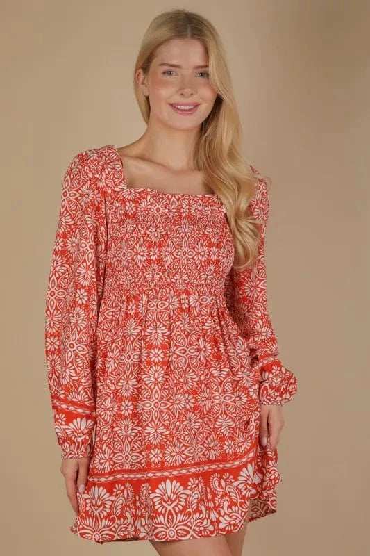VERY J Printed Smocked Chest Boho Mini Dress - Trendsi - Flyclothing LLC