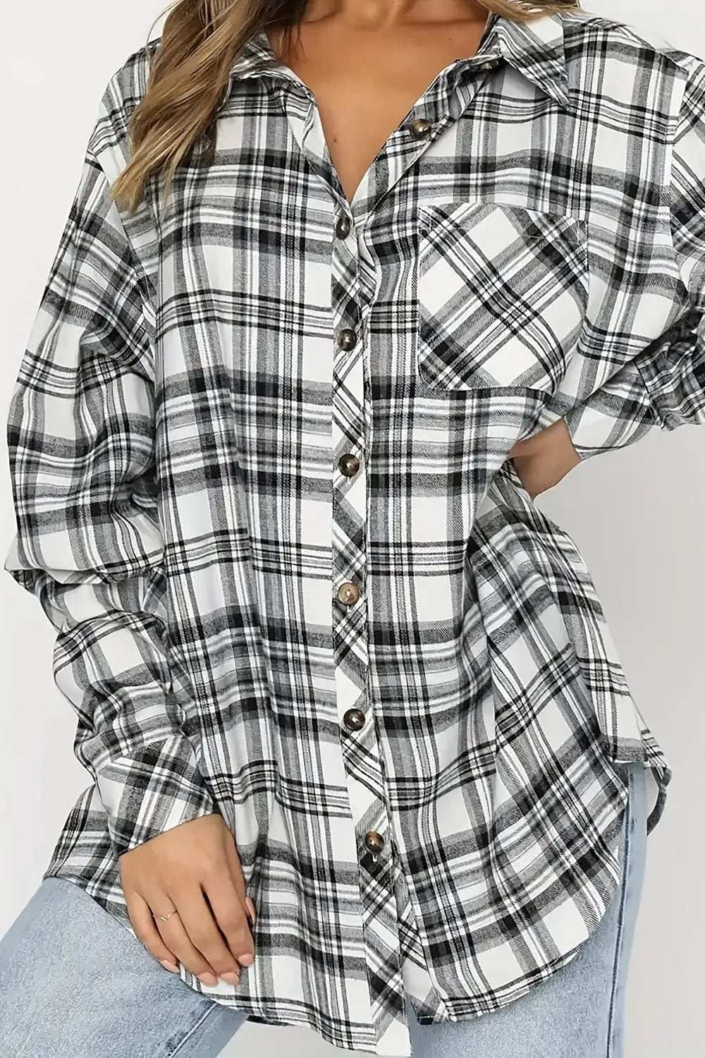 Plaid Collared Neck Long Sleeve Shirt - Trendsi - Flyclothing LLC