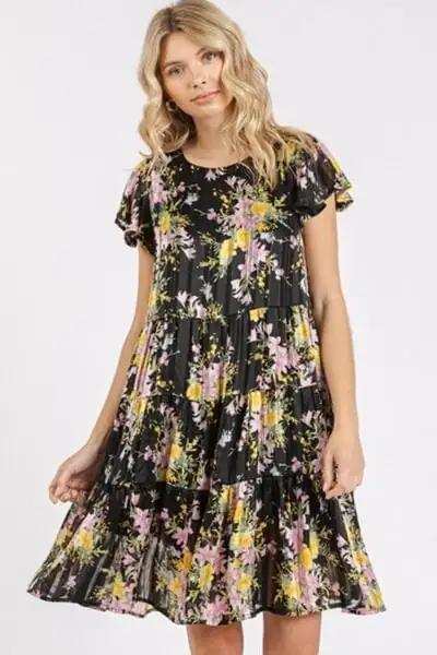 Mittoshop Flower Print Round Neck Flutter Sleeve Tiered Dress - Trendsi - Flyclothing LLC