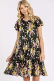 Mittoshop Flower Print Round Neck Flutter Sleeve Tiered Dress - Trendsi - Flyclothing LLC