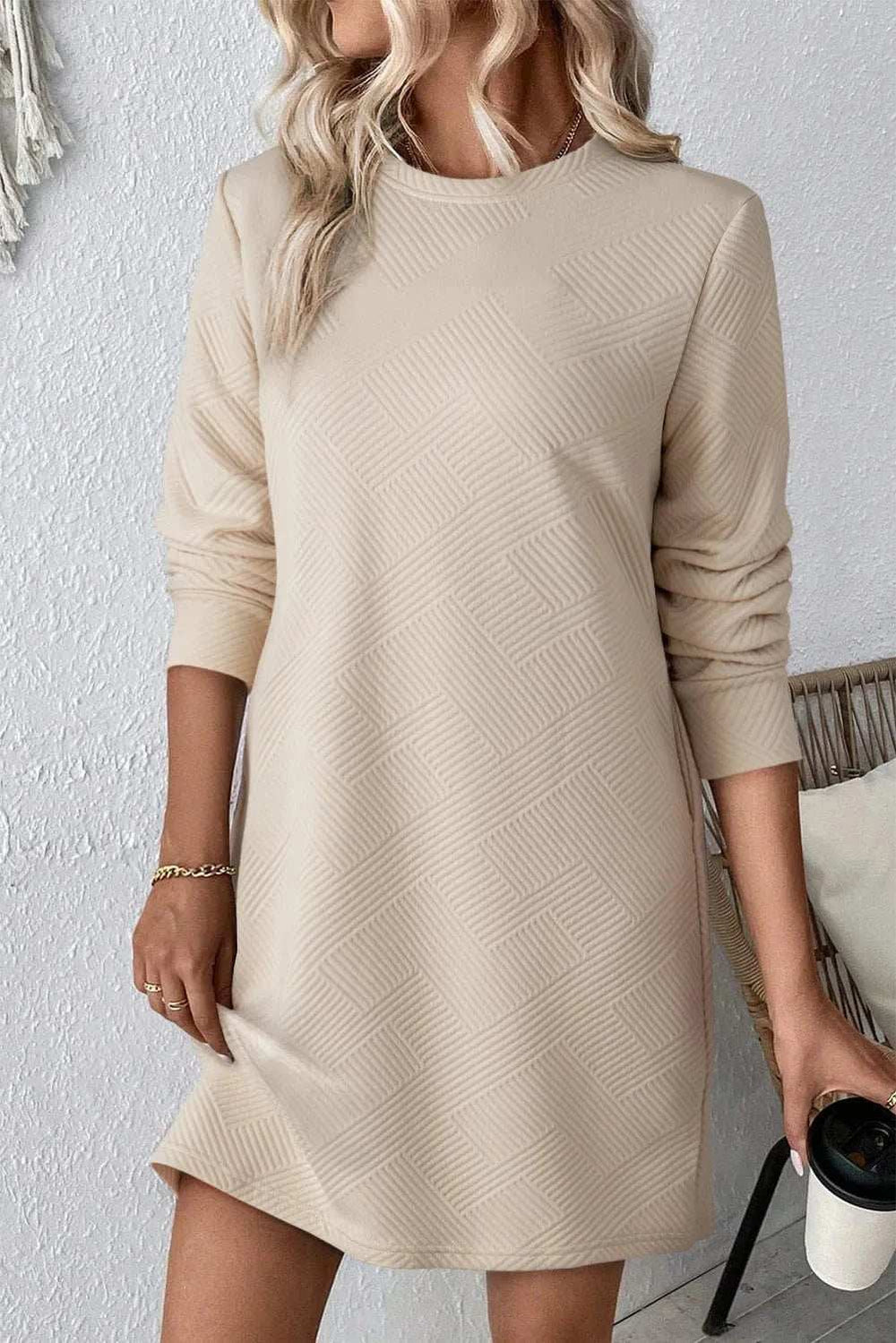 Textured Round Neck Long Sleeve Mini Dress - Trendsi - Flyclothing LLC