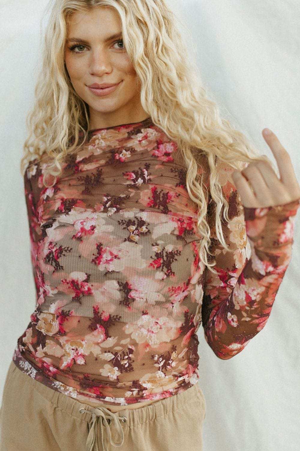 Floral Mock Neck Long Sleeve Sheer Top - Trendsi - Flyclothing LLC
